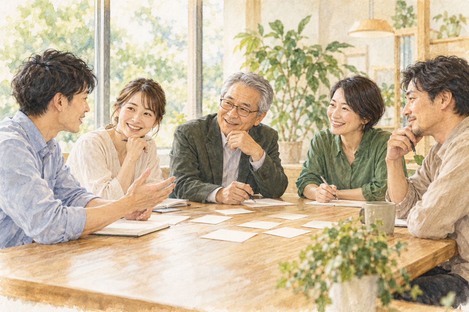 世代や立場の異なる経営陣と従業員がテーブルを囲み、話し合う様子のイメージイラスト